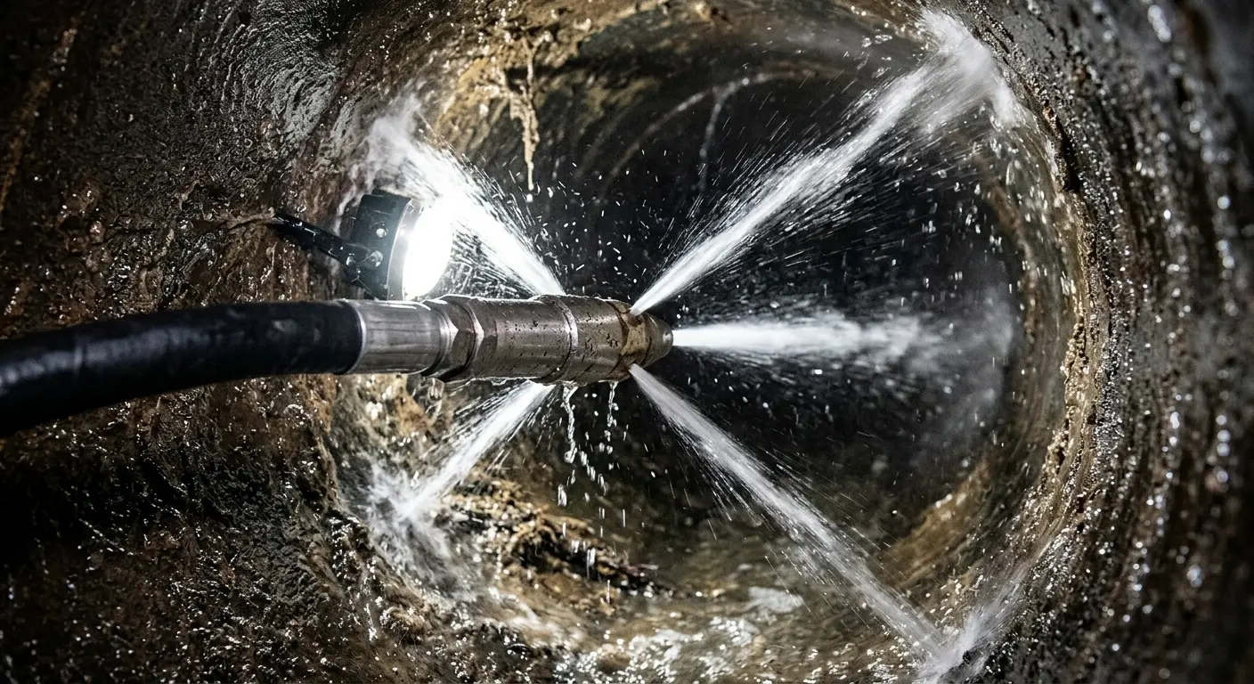 High-pressure hydro jetting nozzle cleaning sewer pipe for Emergency Drain Service in Shirley