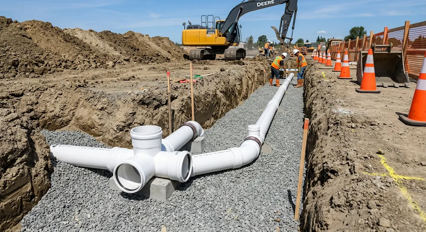 New PVC sewer pipe installation in open trench for Sewer Backup in Shirley