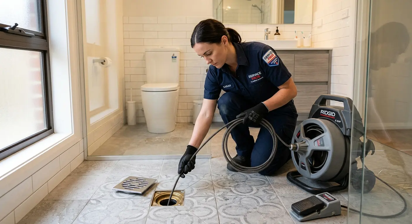 Technician clearing a bathroom floor drain for Hydro Jetting in Shirley